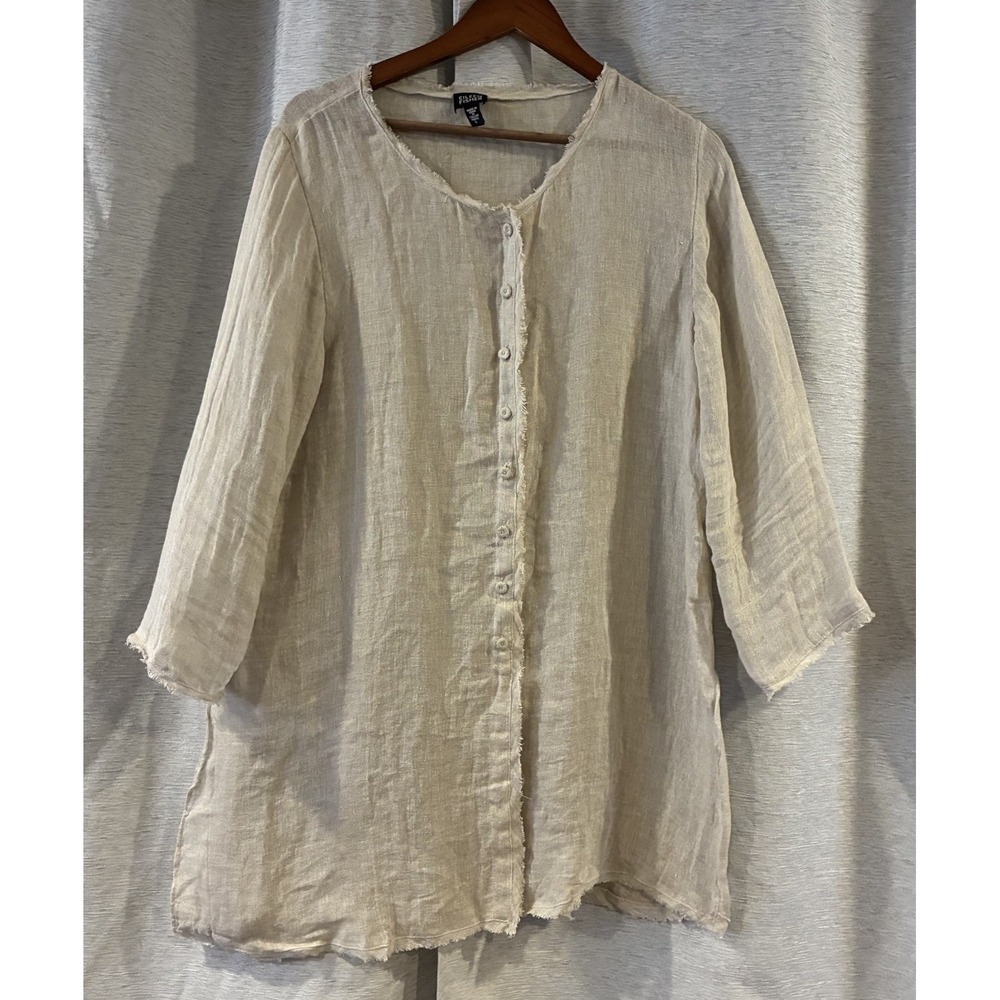 Eileen Fisher Linen Round Neck Button Down Shirt Tunic Beige Large